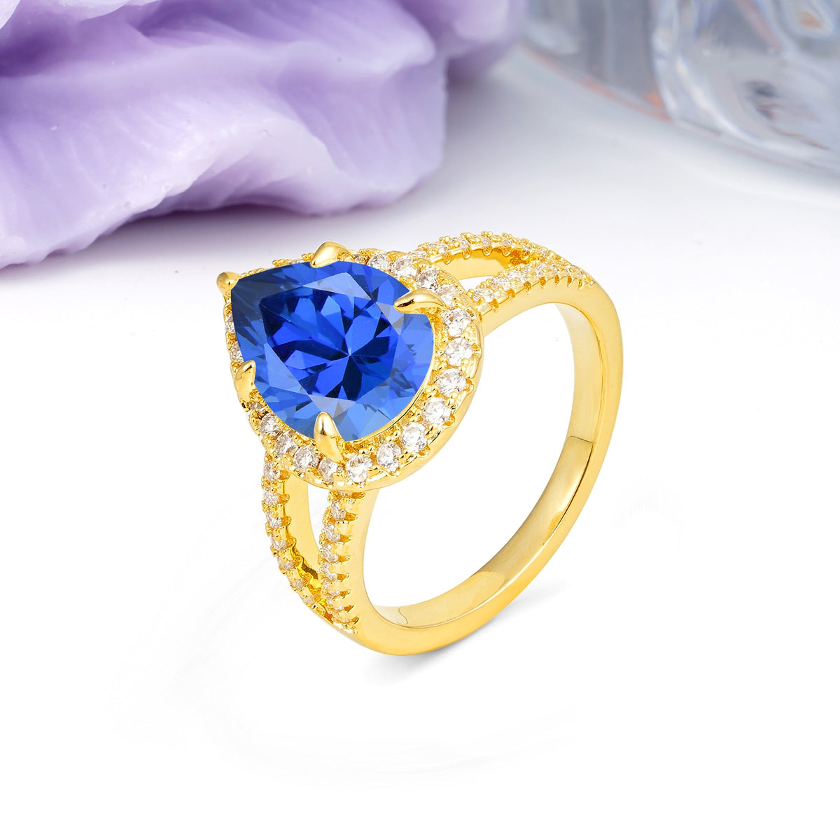 Classic Double-Row Diamond, Luxurious 5-Prong Pear Cut Sapphire Engagement Ring - Additional view