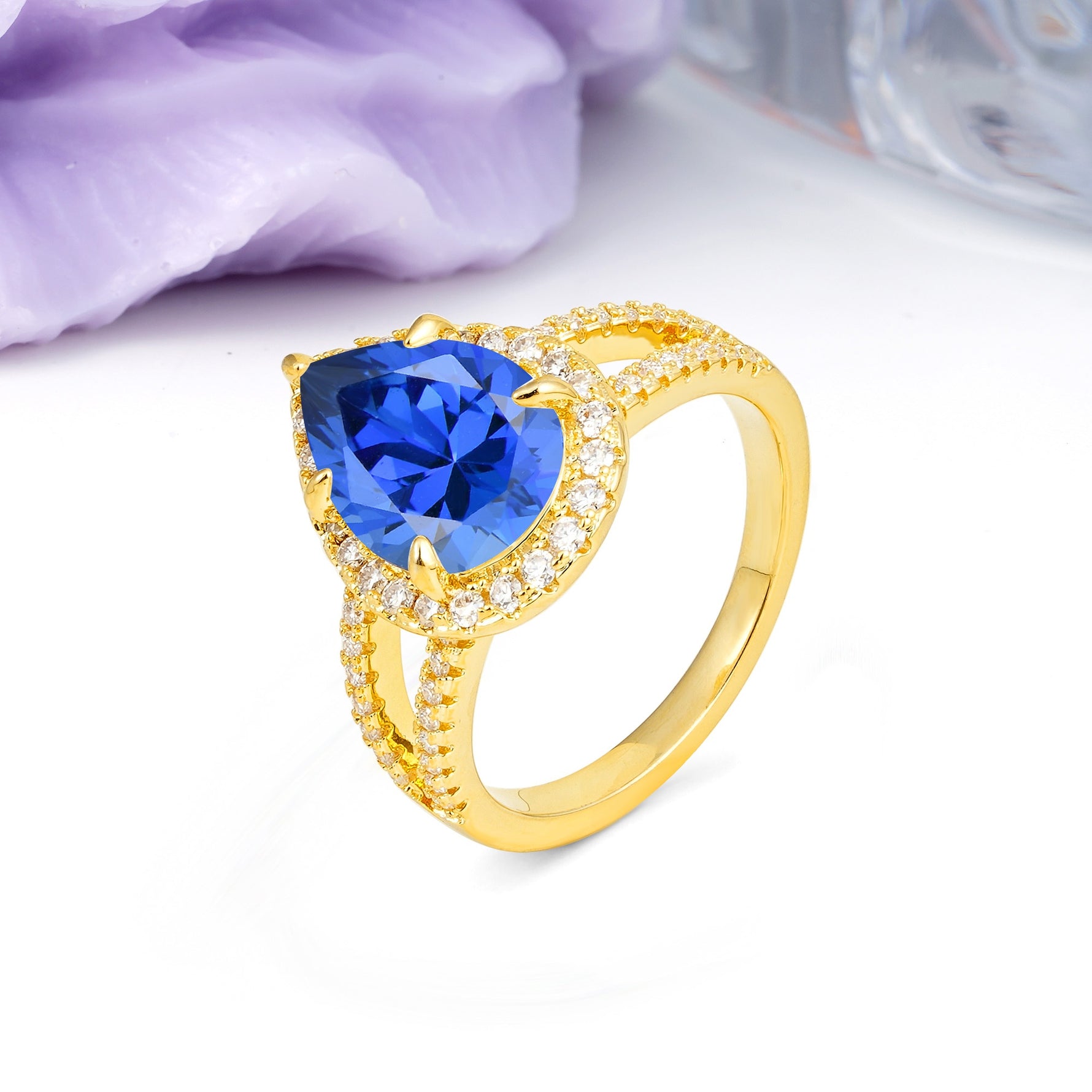 Classic Double-Row Diamond, Luxurious 5-Prong Pear Cut Sapphire Engagement Ring - Additional view