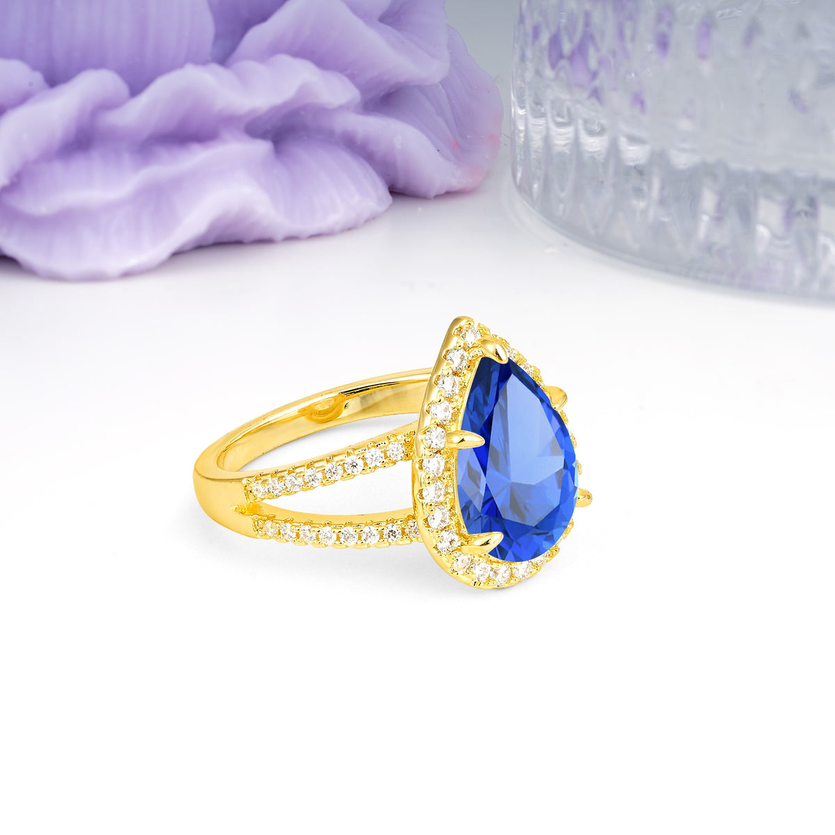 Classic Double-Row Diamond, Luxurious 5-Prong Pear Cut Sapphire Engagement Ring - Additional view