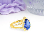 Classic Double-Row Diamond, Luxurious 5-Prong Pear Cut Sapphire Engagement Ring - Additional view