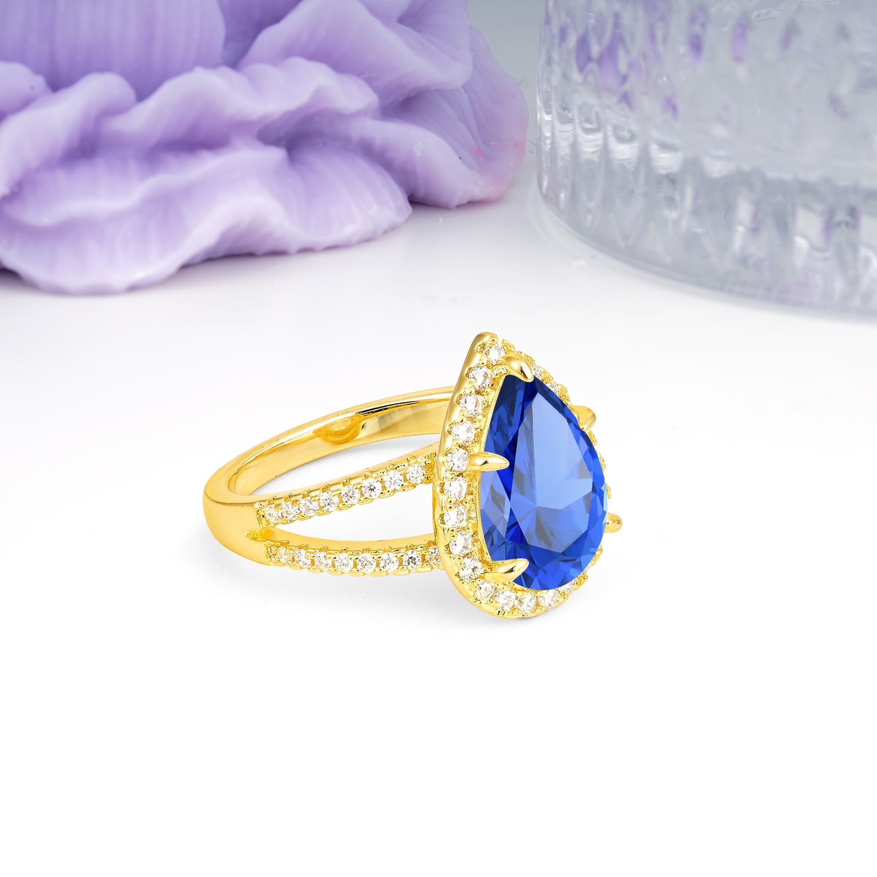 Classic Double-Row Diamond, Luxurious 5-Prong Pear Cut Sapphire Engagement Ring - Additional view