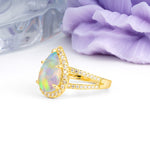 Classic Double-Row Diamond, Luxurious 5-Prong Pear Cut Fire Opal Engagement Ring - Additional view