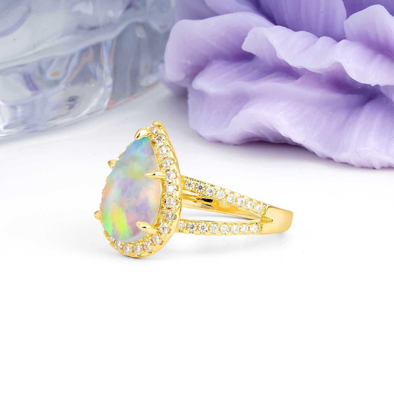 Classic Double-Row Diamond, Luxurious 5-Prong Pear Cut Fire Opal Engagement Ring - Additional view