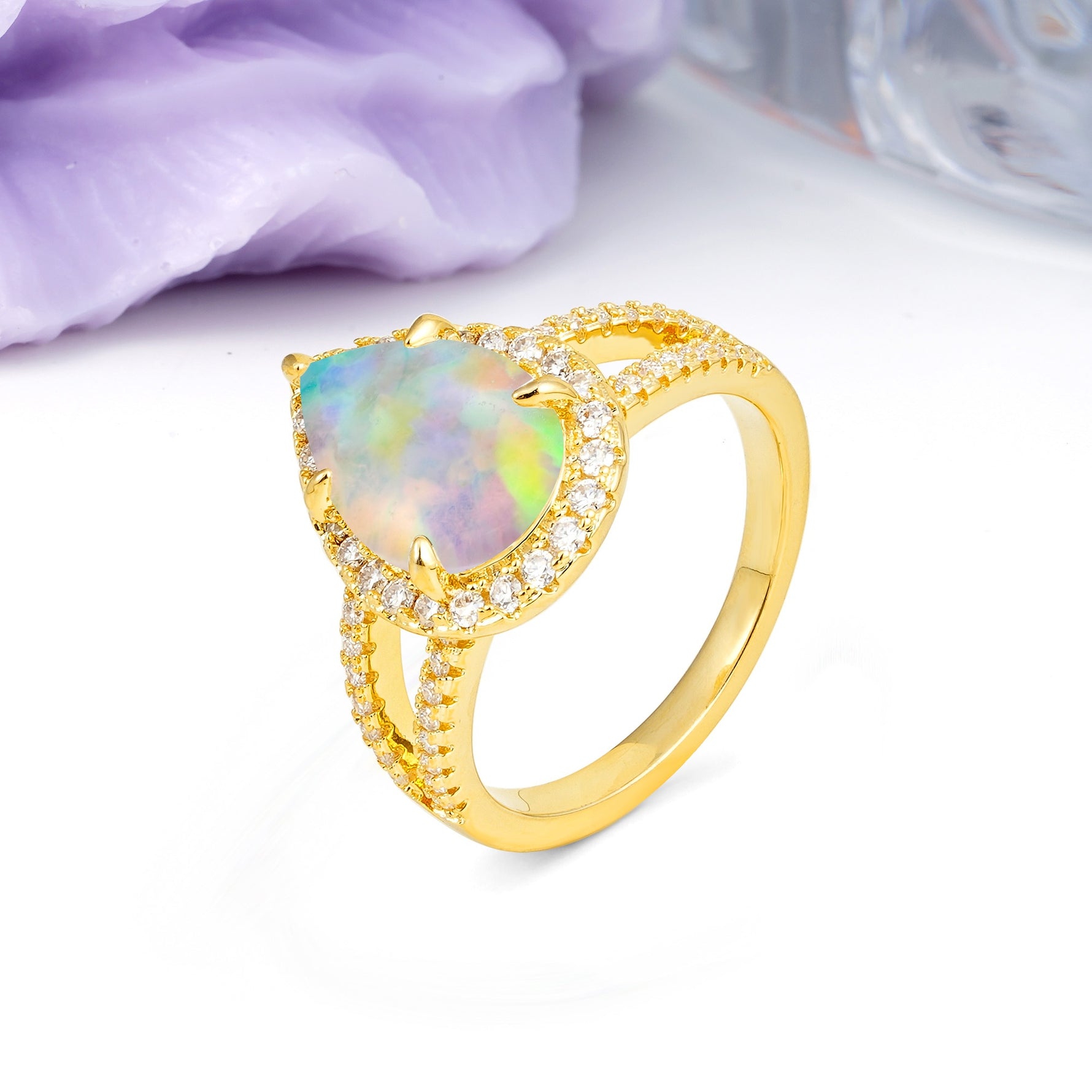 Classic Double-Row Diamond, Luxurious 5-Prong Pear Cut Fire Opal Engagement Ring - Additional view