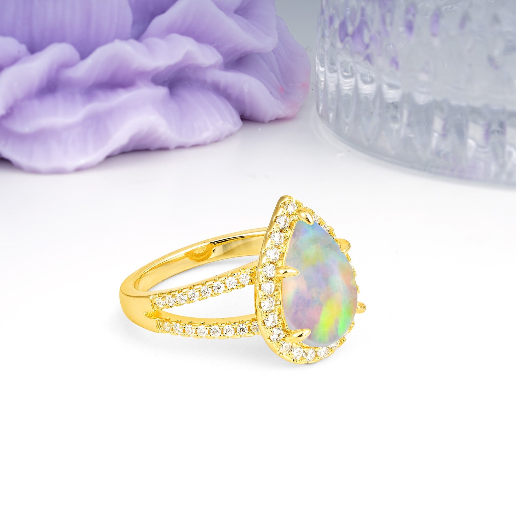 Classic Double-Row Diamond, Luxurious 5-Prong Pear Cut Fire Opal Engagement Ring - Additional view