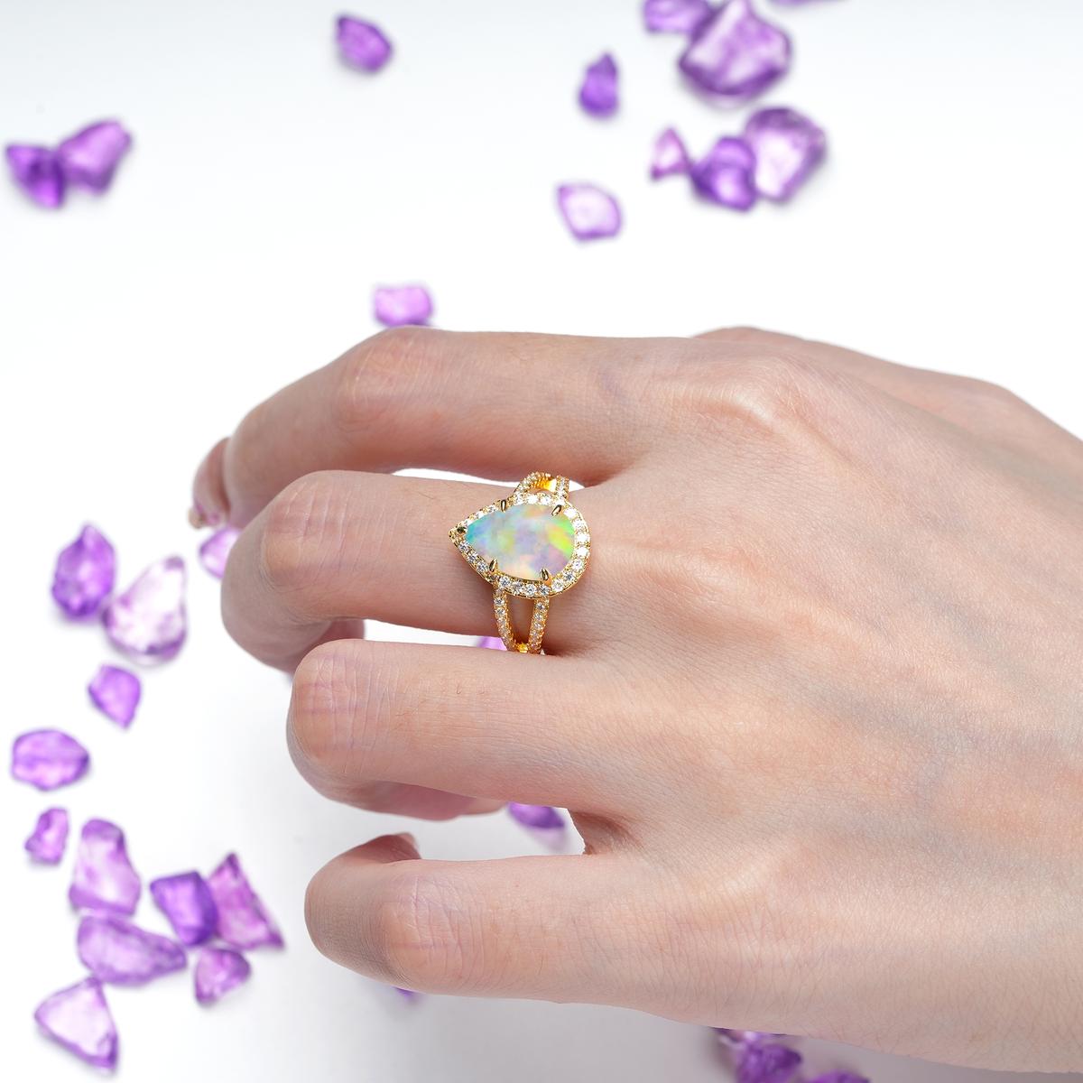 Classic Double-Row Diamond, Luxurious 5-Prong Pear Cut Fire Opal Engagement Ring
