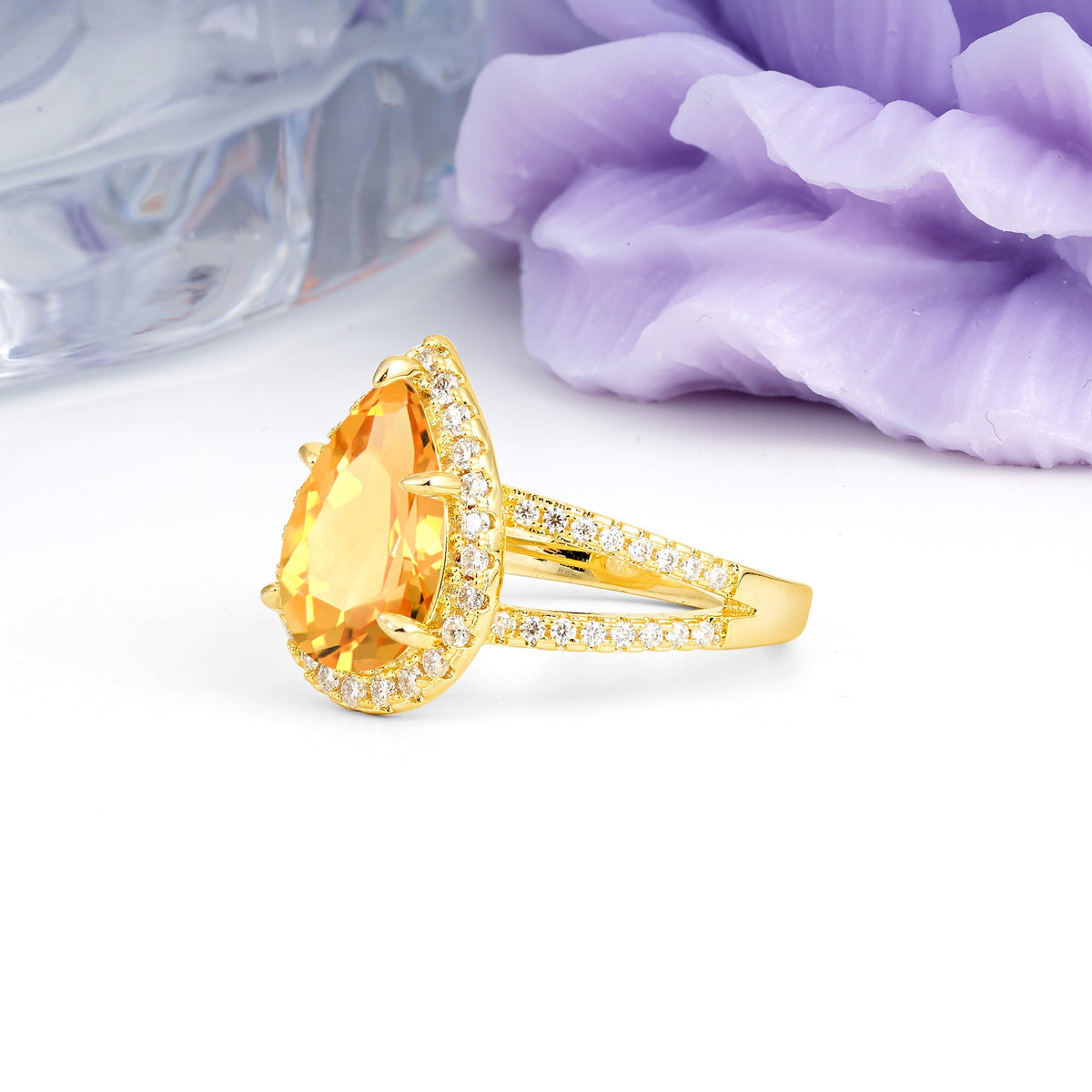 Classic Double-Row Diamond, Luxurious 5-Prong Pear Cut Citrine Engagement Ring - Additional view