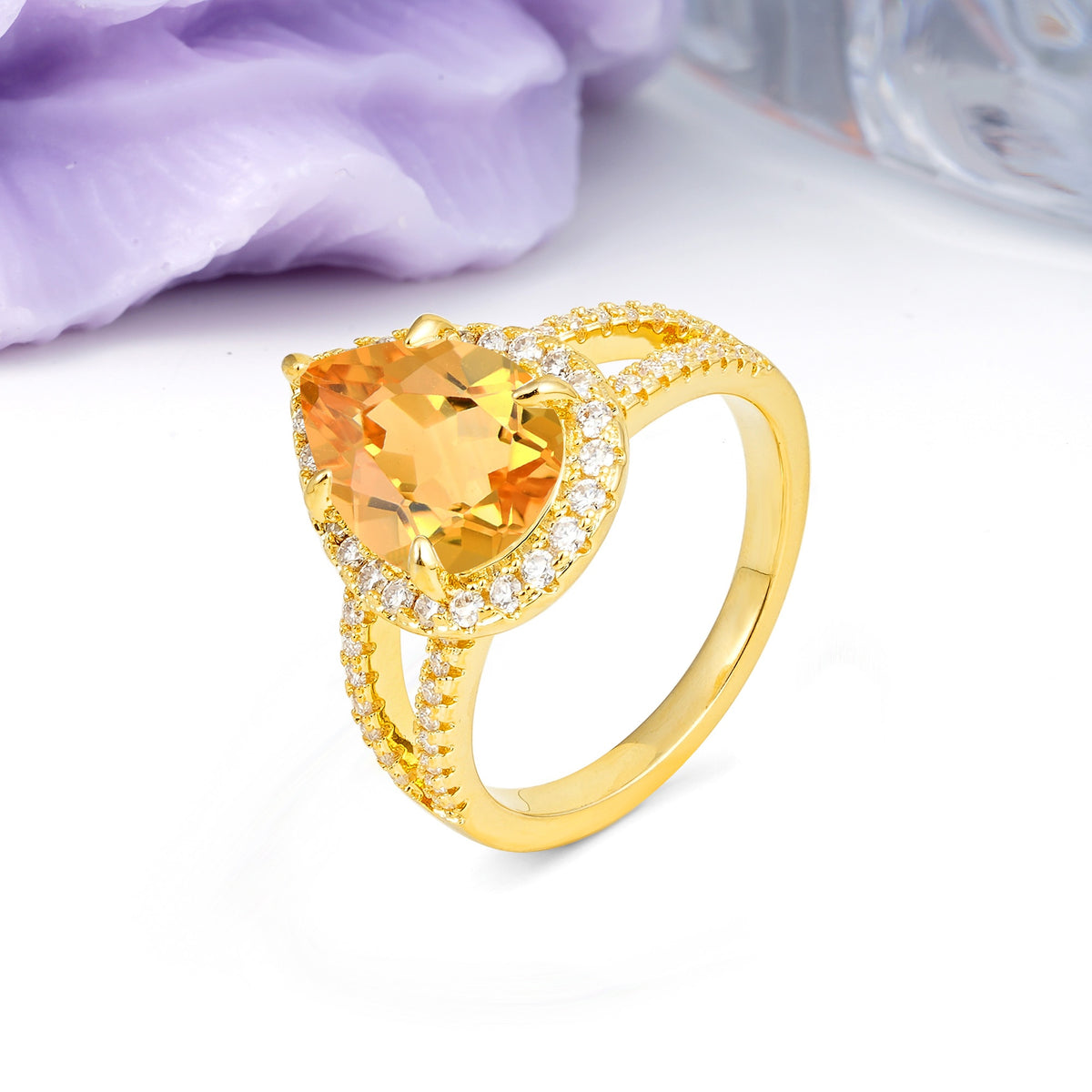 Classic Double-Row Diamond, Luxurious 5-Prong Pear Cut Citrine Engagement Ring - Additional view