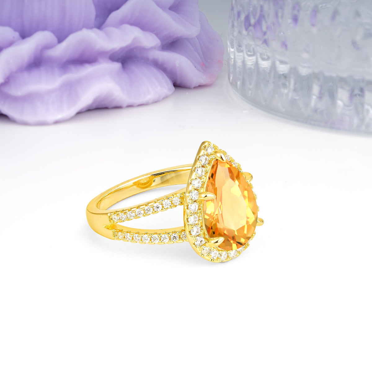 Classic Double-Row Diamond, Luxurious 5-Prong Pear Cut Citrine Engagement Ring - Additional view