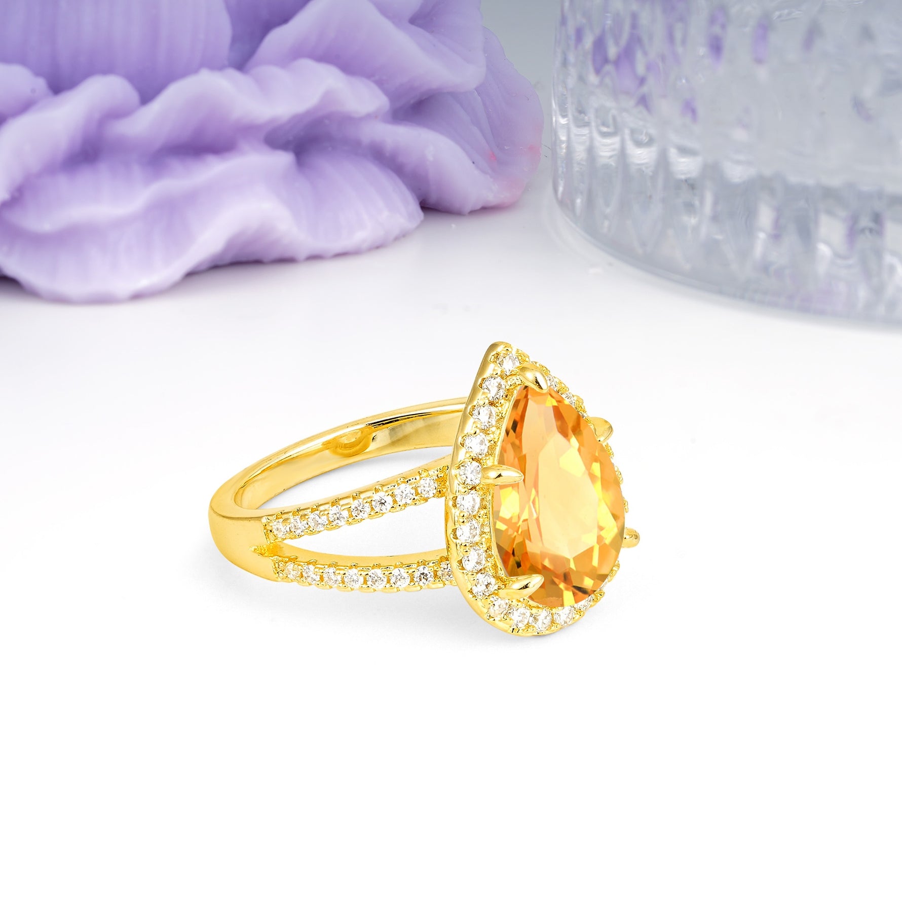 Classic Double-Row Diamond, Luxurious 5-Prong Pear Cut Citrine Engagement Ring - Additional view