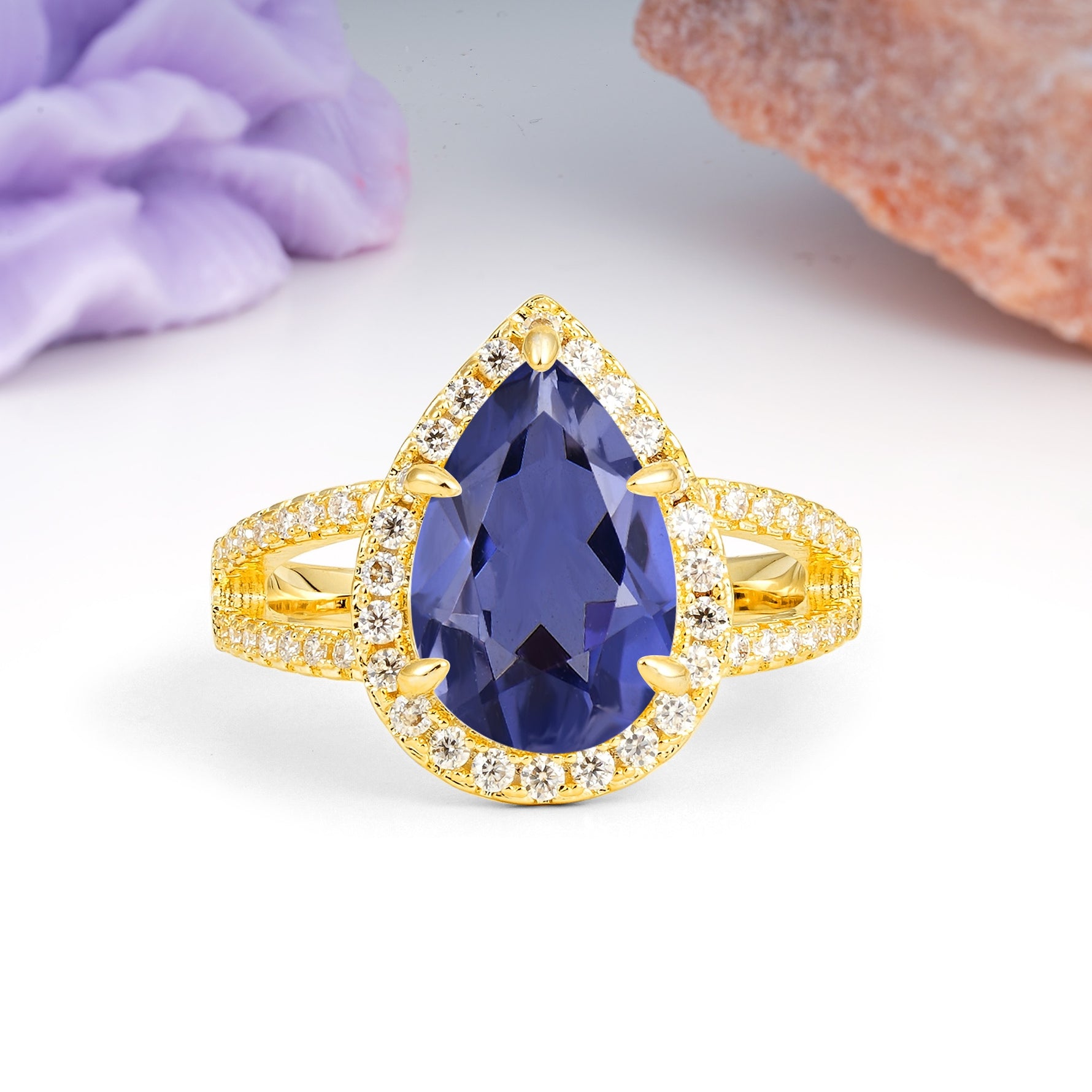 Classic Double-Row Diamond, Luxurious 5-Prong Pear Cut Tanzanite Engagement Ring - Additional view