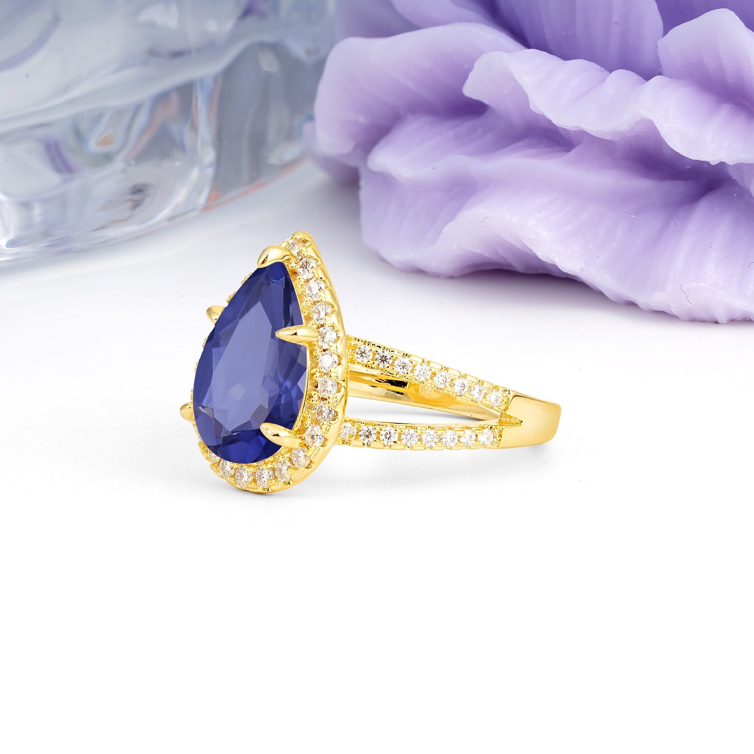 Classic Double-Row Diamond, Luxurious 5-Prong Pear Cut Tanzanite Engagement Ring - Additional view