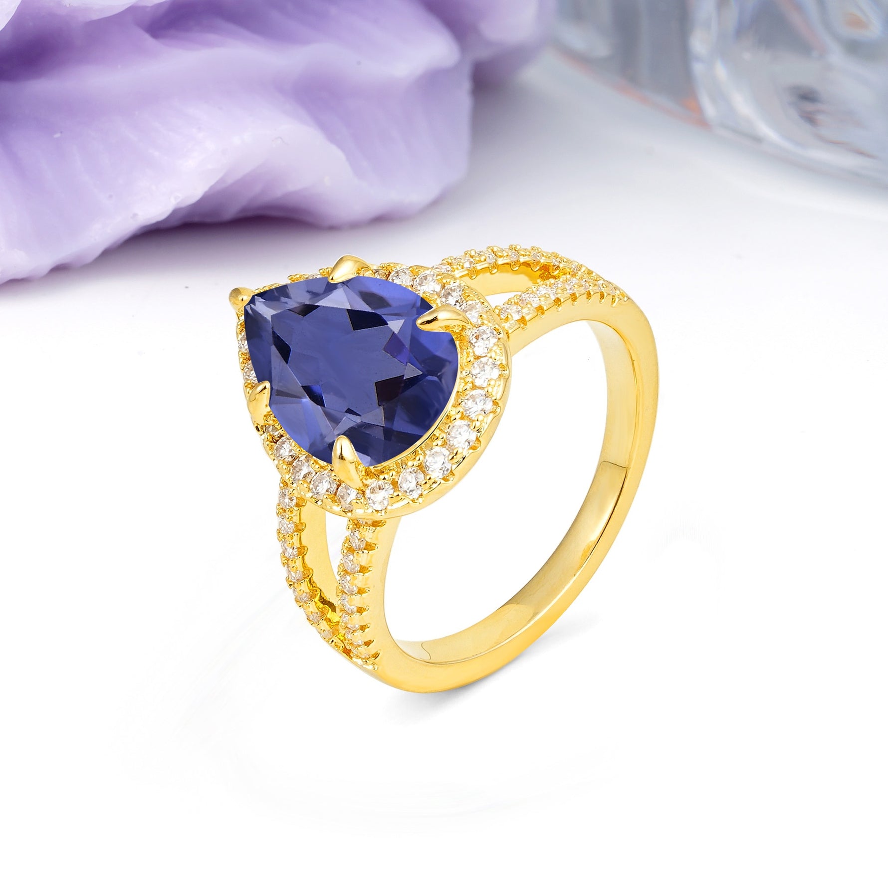 Classic Double-Row Diamond, Luxurious 5-Prong Pear Cut Tanzanite Engagement Ring - Additional view