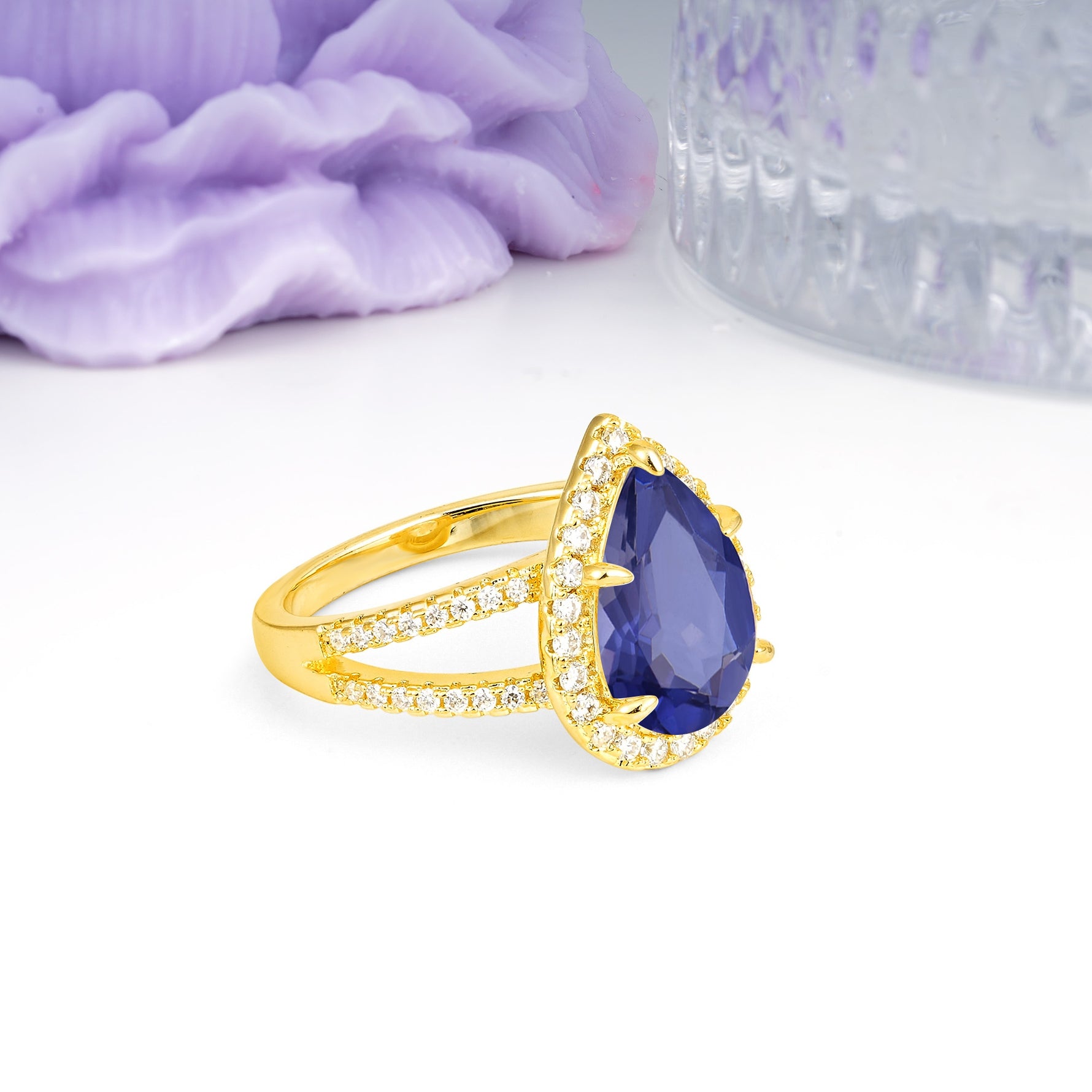 Classic Double-Row Diamond, Luxurious 5-Prong Pear Cut Tanzanite Engagement Ring - Additional view