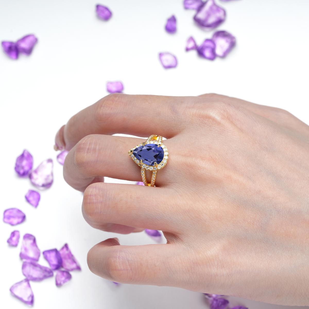 Classic Double-Row Diamond, Luxurious 5-Prong Pear Cut Tanzanite Engagement Ring