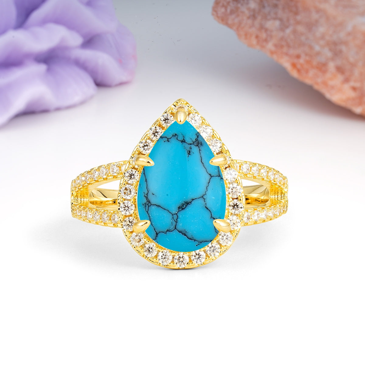 Classic Double-Row Diamond, Luxurious 5-Prong Pear Cut Turquoise Engagement Ring - Additional view