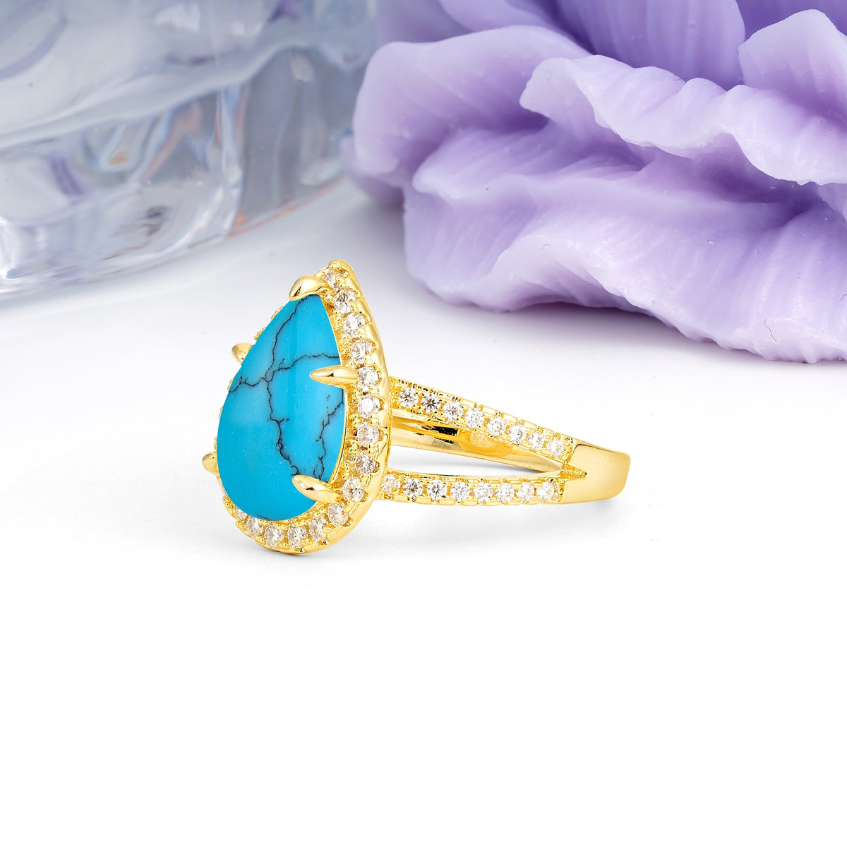Classic Double-Row Diamond, Luxurious 5-Prong Pear Cut Turquoise Engagement Ring - Additional view