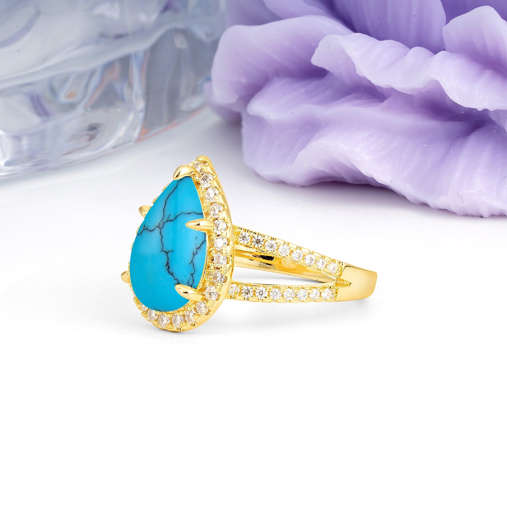 Classic Double-Row Diamond, Luxurious 5-Prong Pear Cut Turquoise Engagement Ring - Additional view