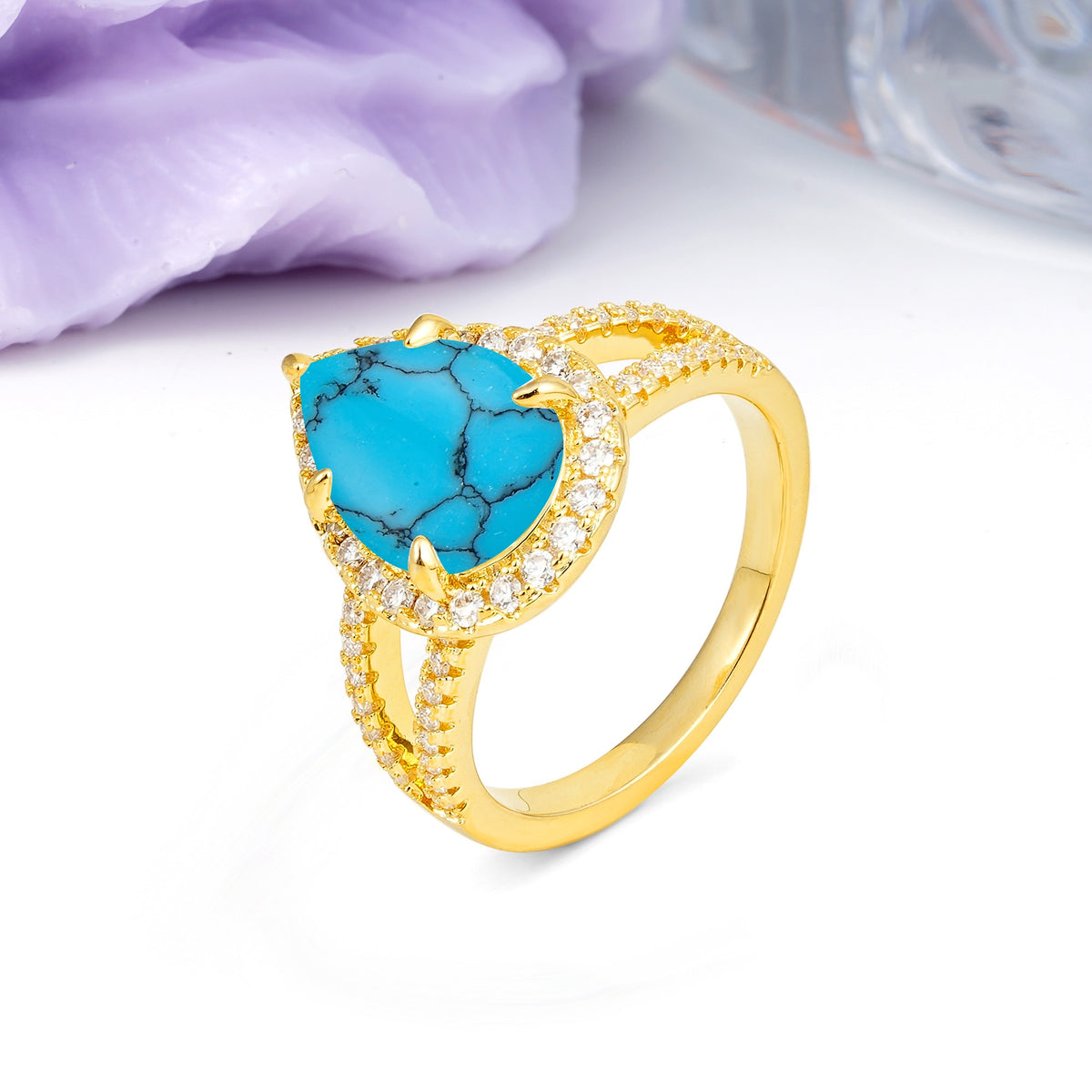 Classic Double-Row Diamond, Luxurious 5-Prong Pear Cut Turquoise Engagement Ring - Additional view