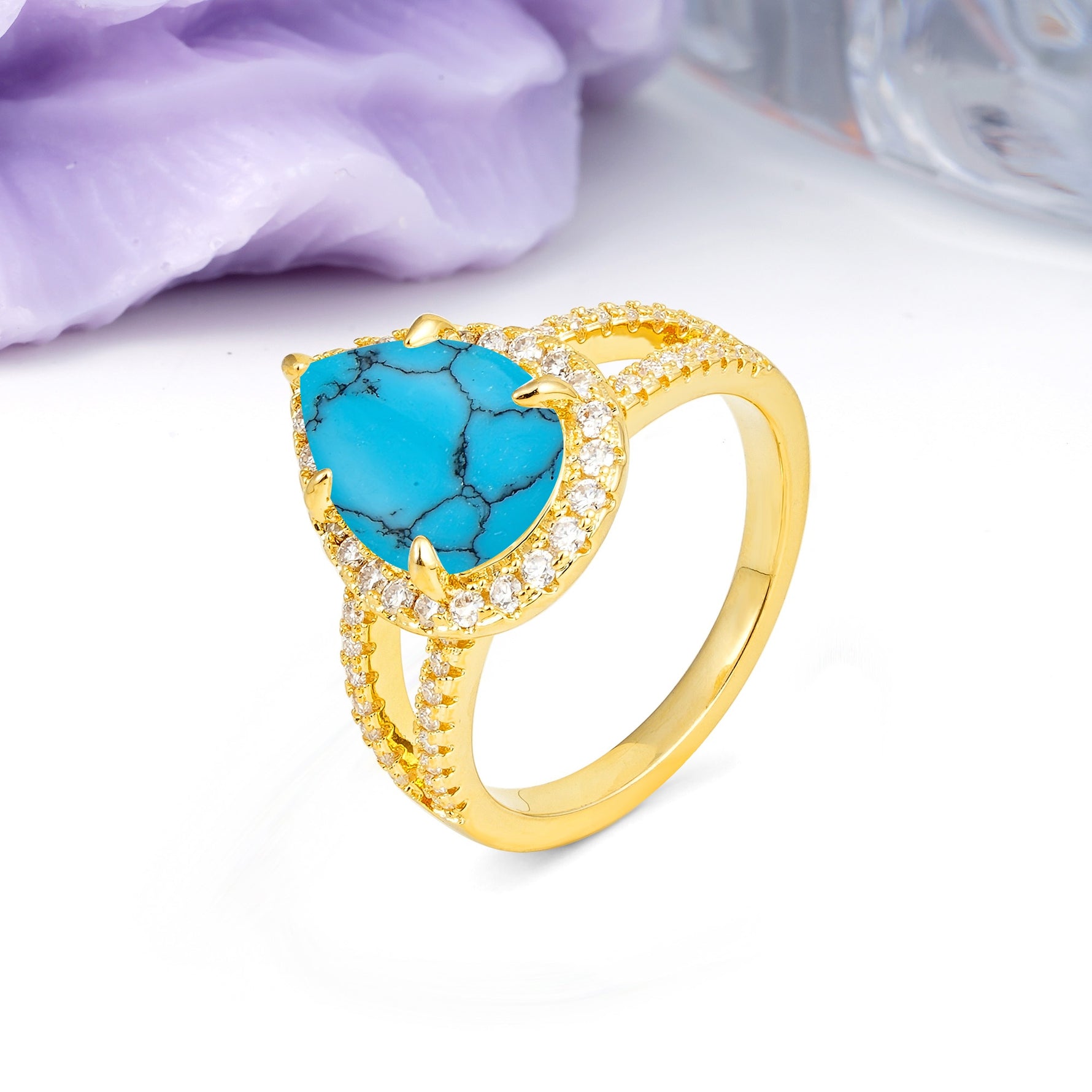 Classic Double-Row Diamond, Luxurious 5-Prong Pear Cut Turquoise Engagement Ring - Additional view