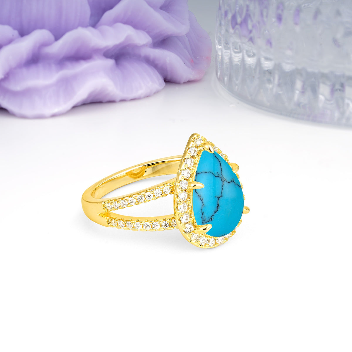 Classic Double-Row Diamond, Luxurious 5-Prong Pear Cut Turquoise Engagement Ring - Additional view