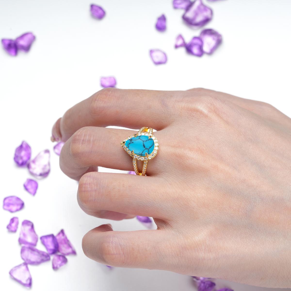 Classic Double-Row Diamond, Luxurious 5-Prong Pear Cut Turquoise Engagement Ring