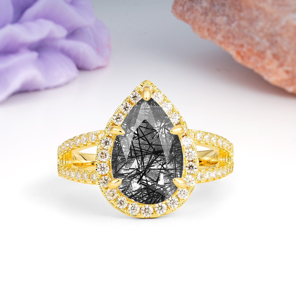 Classic Double-Row Diamond, Luxurious 5-Prong Pear Cut Black Rutilated Quartz Engagement Ring - Additional view