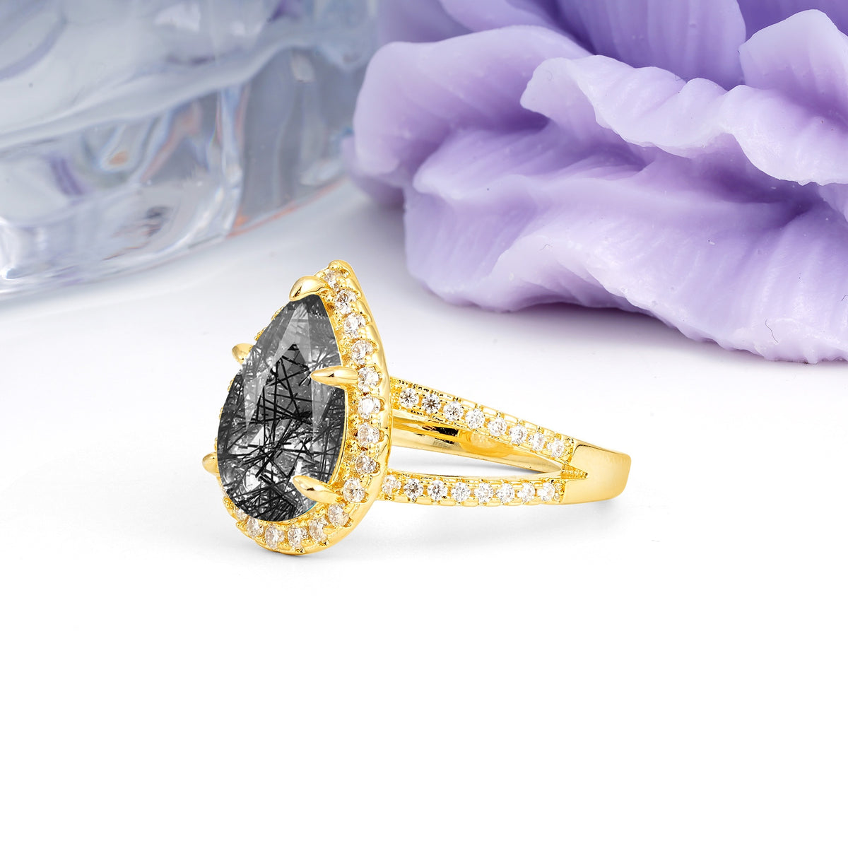 Classic Double-Row Diamond, Luxurious 5-Prong Pear Cut Black Rutilated Quartz Engagement Ring - Additional view