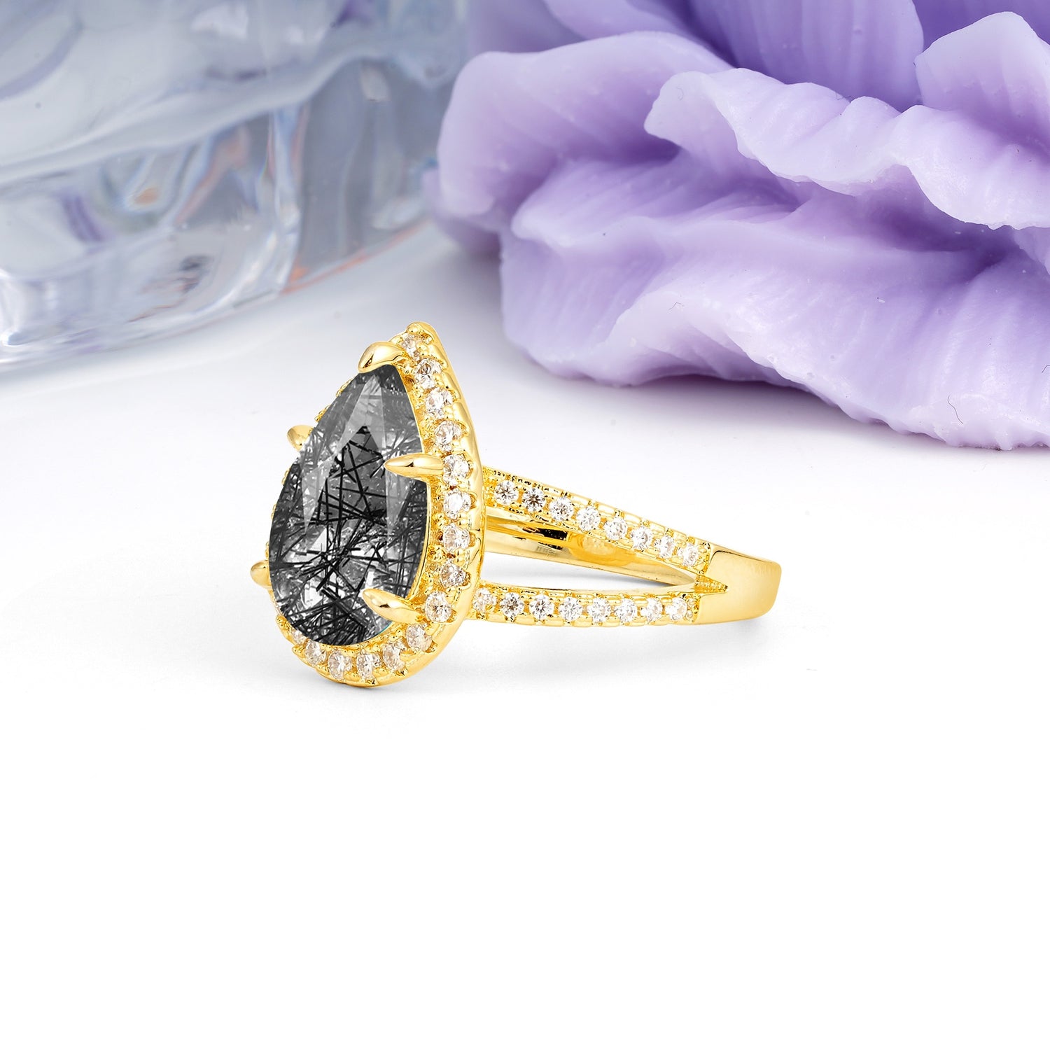Classic Double-Row Diamond, Luxurious 5-Prong Pear Cut Black Rutilated Quartz Engagement Ring - Additional view
