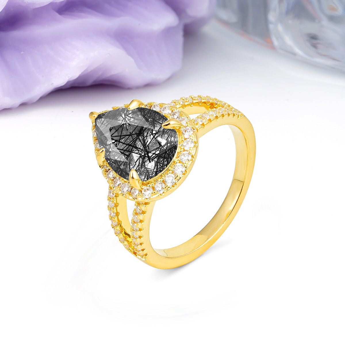 Classic Double-Row Diamond, Luxurious 5-Prong Pear Cut Black Rutilated Quartz Engagement Ring - Additional view