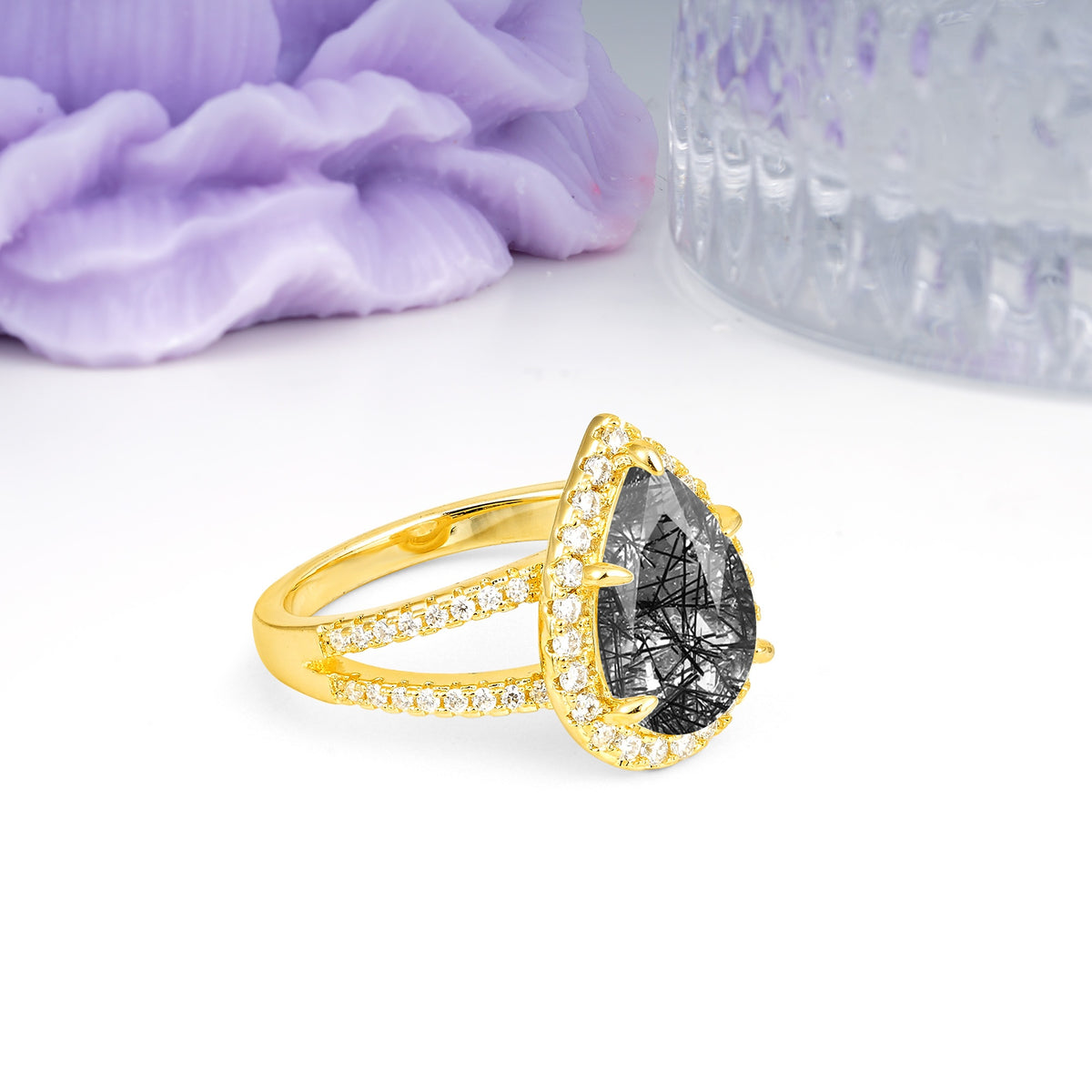 Classic Double-Row Diamond, Luxurious 5-Prong Pear Cut Black Rutilated Quartz Engagement Ring - Additional view