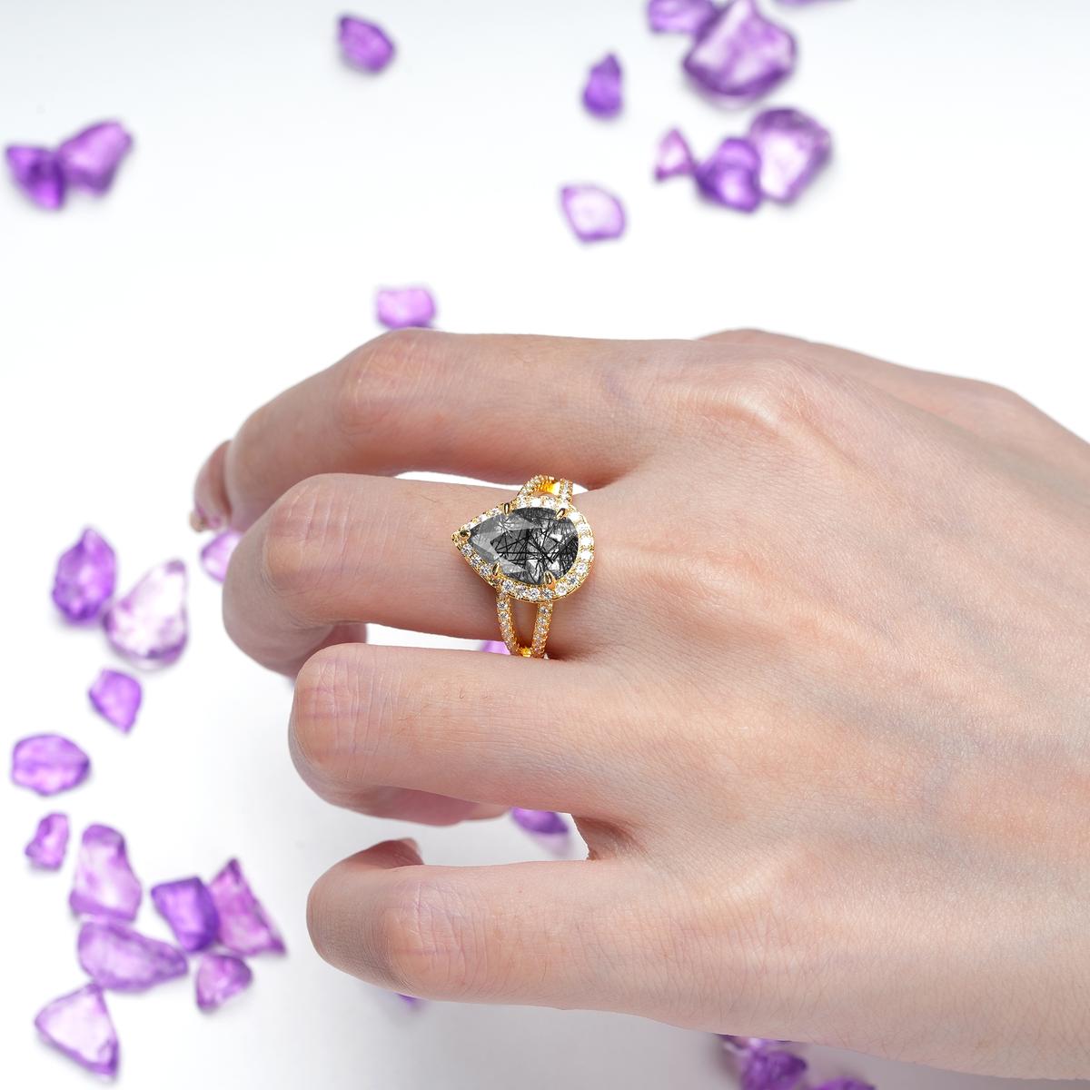 Classic Double-Row Diamond, Luxurious 5-Prong Pear Cut Black Rutilated Quartz Engagement Ring
