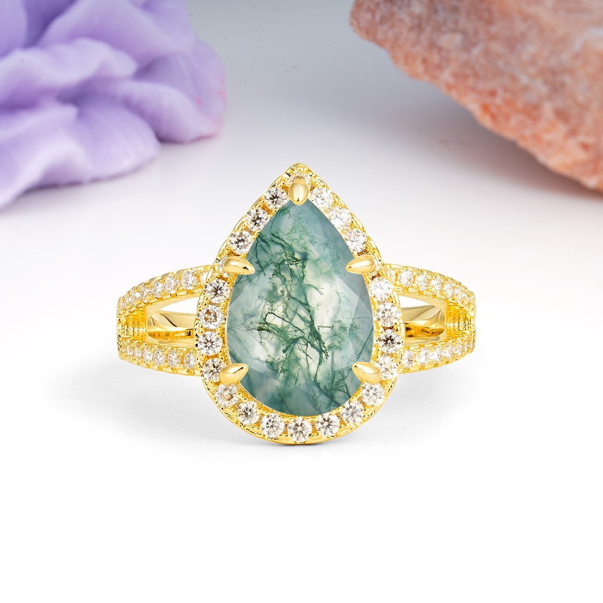 Classic Double-Row Diamond, Luxurious 5-Prong Pear Cut Moss Agate Engagement Ring - Additional view