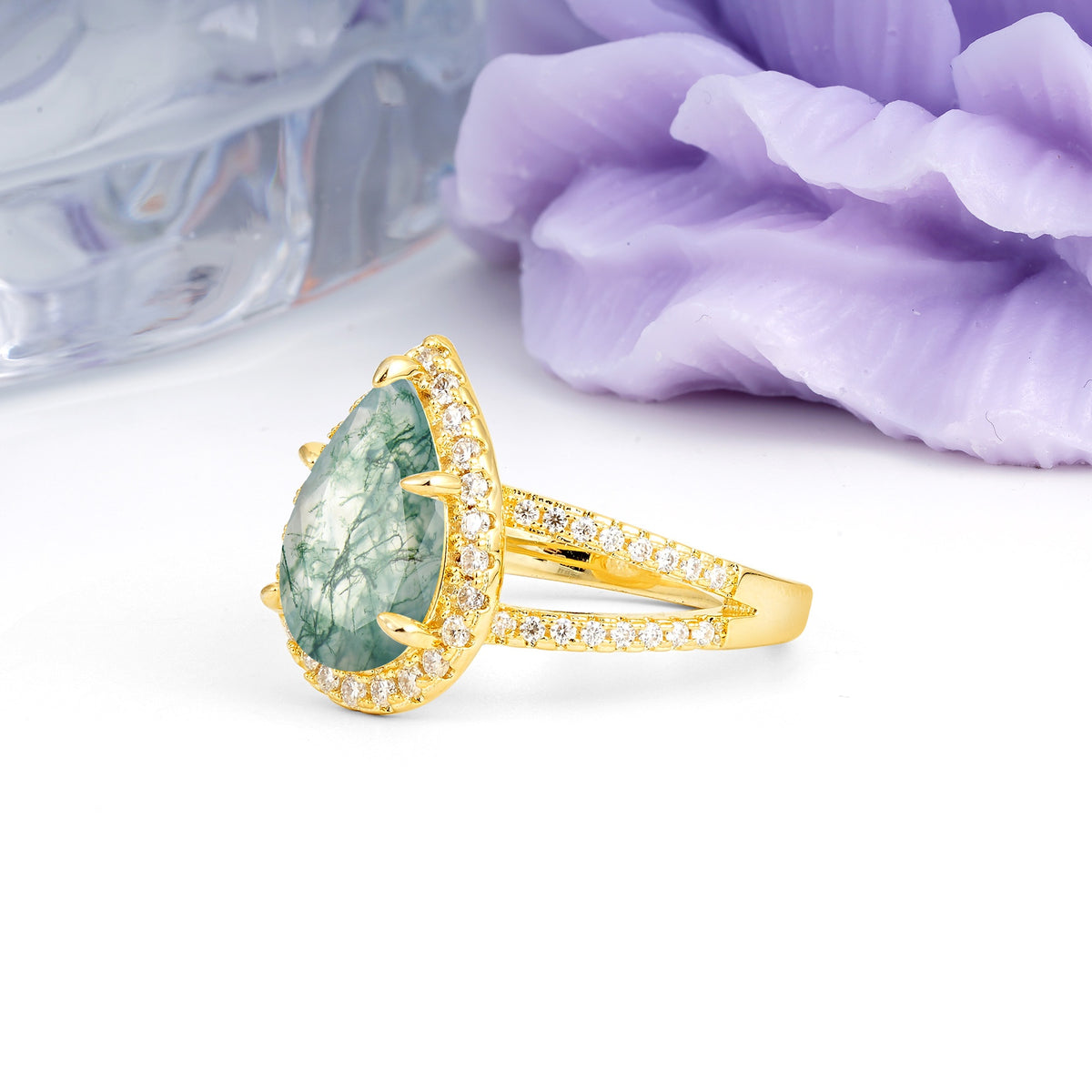 Classic Double-Row Diamond, Luxurious 5-Prong Pear Cut Moss Agate Engagement Ring - Additional view