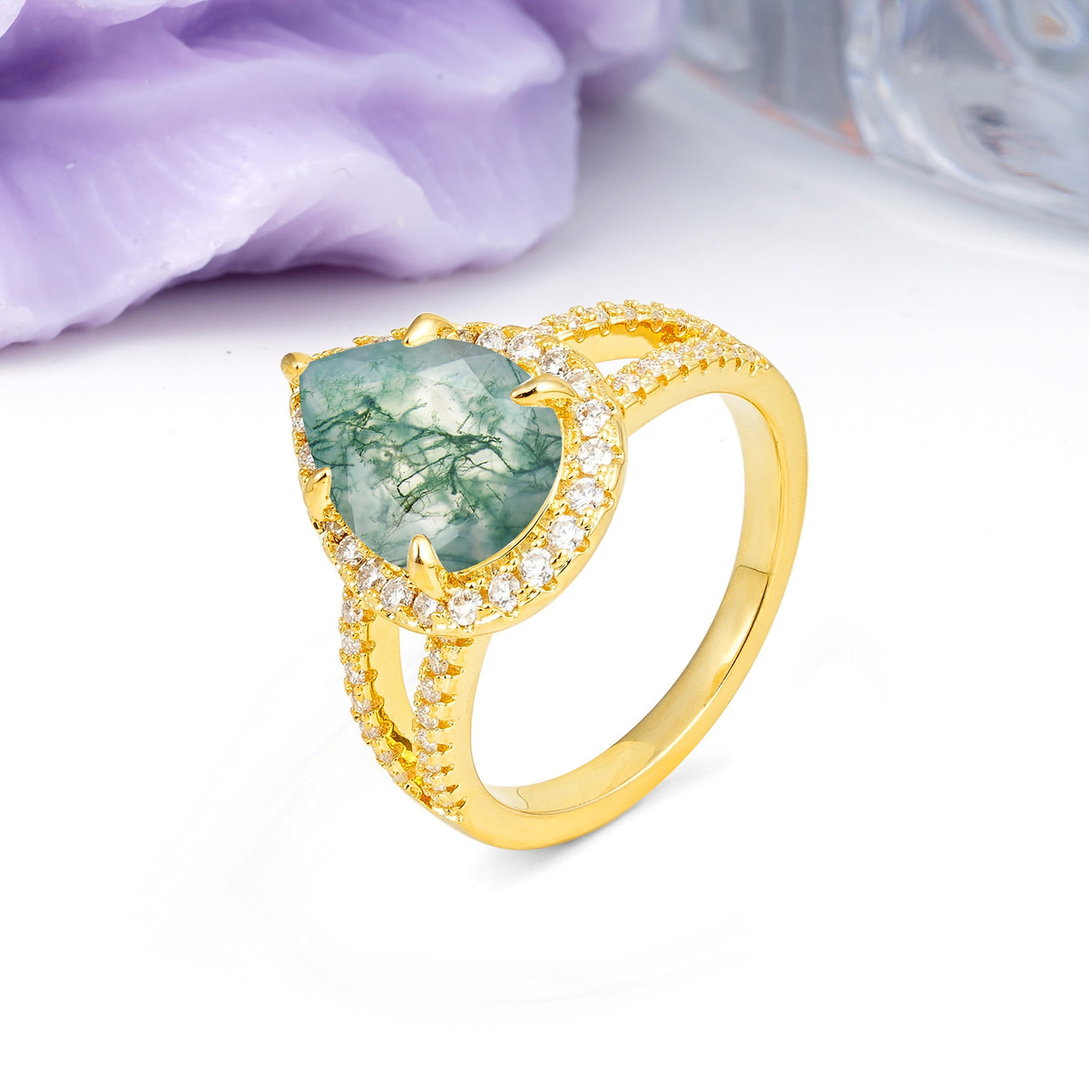 Classic Double-Row Diamond, Luxurious 5-Prong Pear Cut Moss Agate Engagement Ring - Additional view