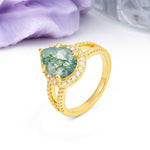 Classic Double-Row Diamond, Luxurious 5-Prong Pear Cut Moss Agate Engagement Ring - Additional view