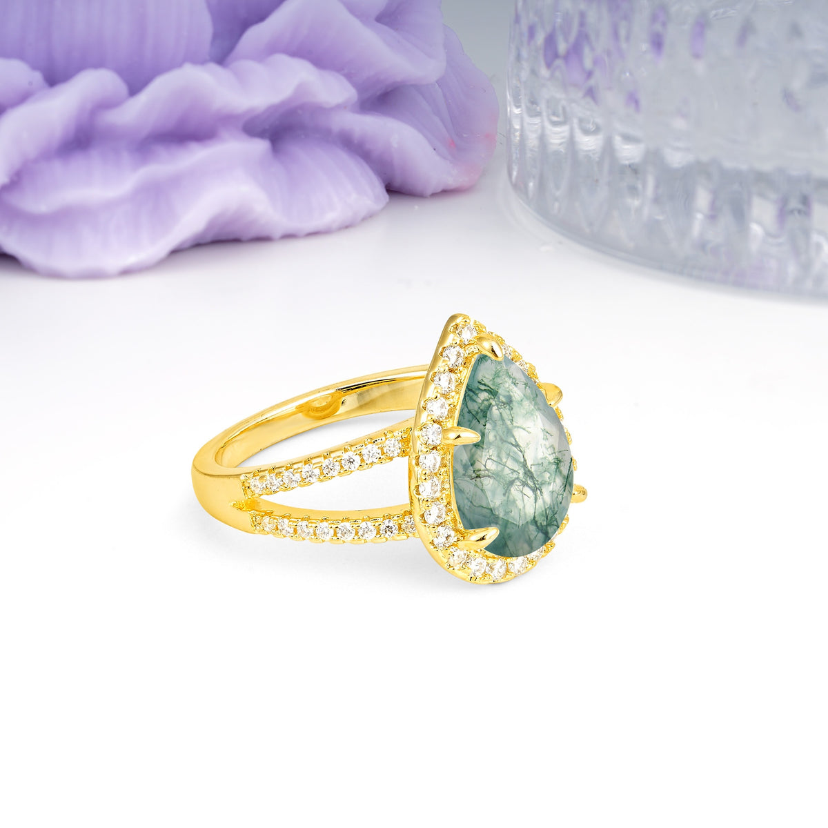 Classic Double-Row Diamond, Luxurious 5-Prong Pear Cut Moss Agate Engagement Ring - Additional view