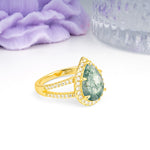 Classic Double-Row Diamond, Luxurious 5-Prong Pear Cut Moss Agate Engagement Ring - Additional view