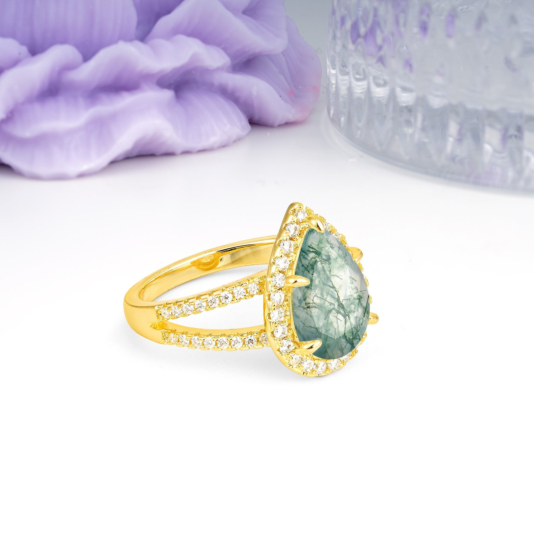 Classic Double-Row Diamond, Luxurious 5-Prong Pear Cut Moss Agate Engagement Ring - Additional view