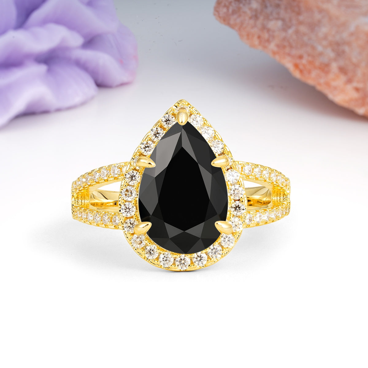 Classic Double-Row Diamond, Luxurious 5-Prong Pear Cut Black Onyx Engagement Ring - Additional view