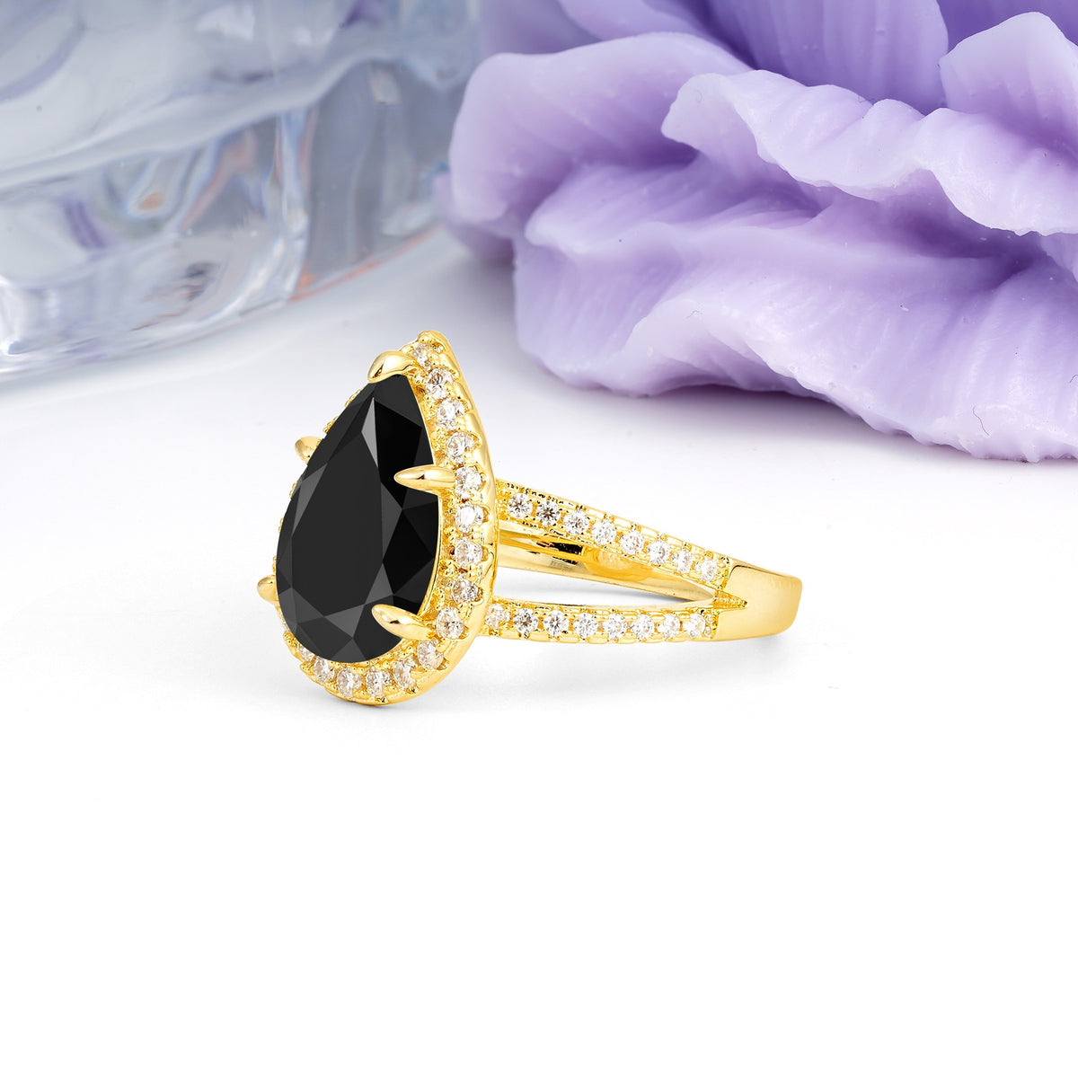 Classic Double-Row Diamond, Luxurious 5-Prong Pear Cut Black Onyx Engagement Ring - Additional view