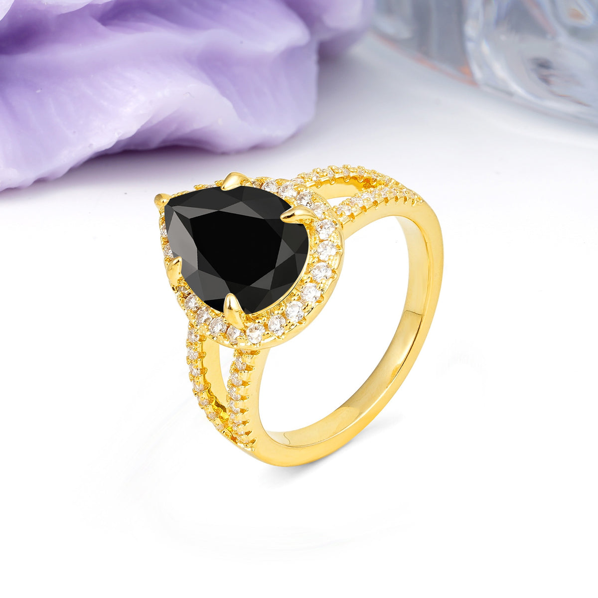 Classic Double-Row Diamond, Luxurious 5-Prong Pear Cut Black Onyx Engagement Ring - Additional view