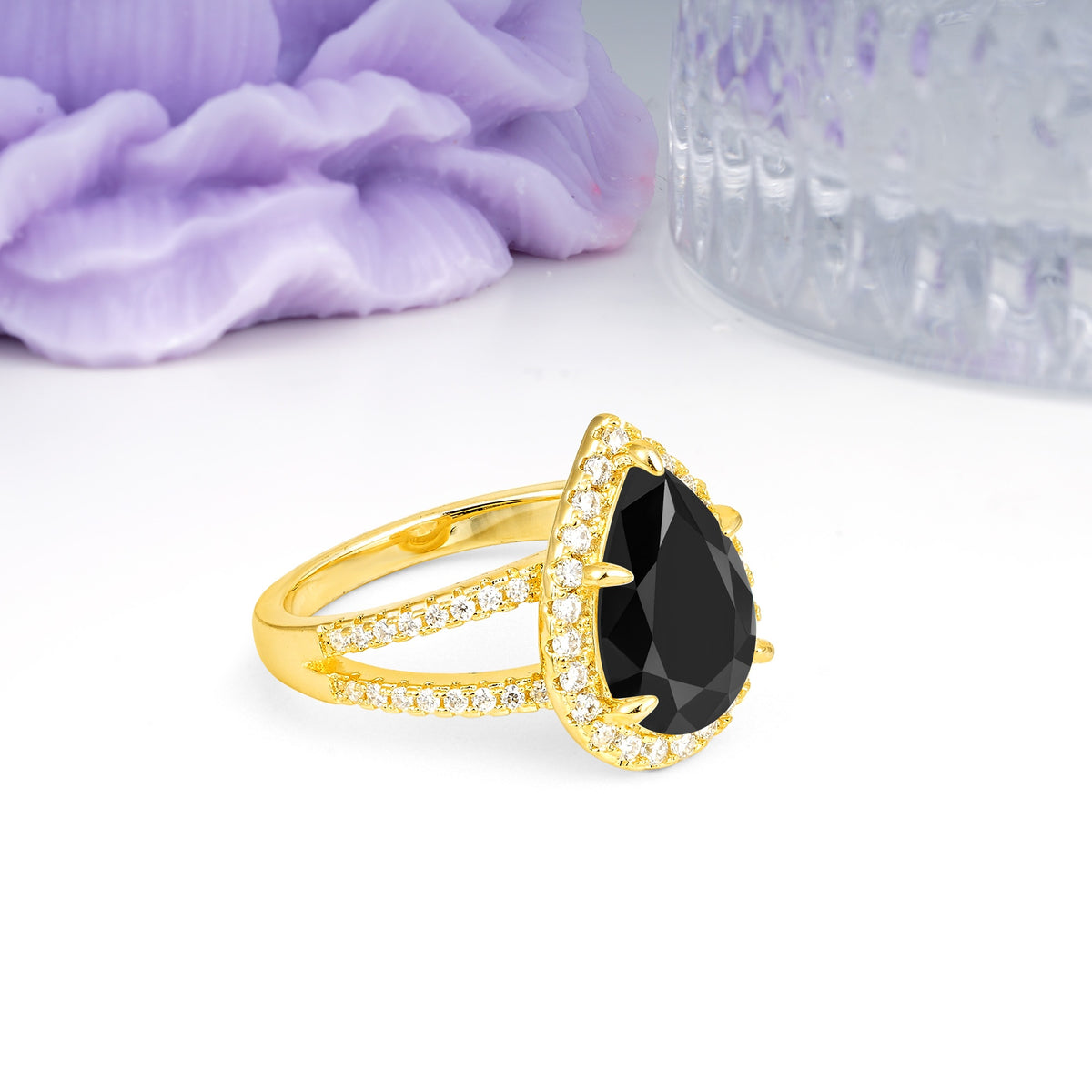 Classic Double-Row Diamond, Luxurious 5-Prong Pear Cut Black Onyx Engagement Ring - Additional view