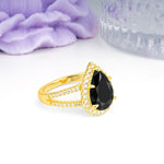 Classic Double-Row Diamond, Luxurious 5-Prong Pear Cut Black Onyx Engagement Ring - Additional view