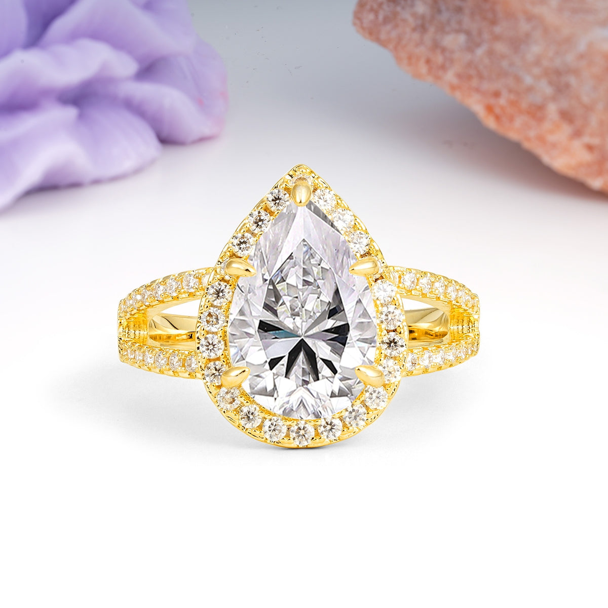 Classic Double-Row Diamond, Luxurious 5-Prong Pear Cut Lab Diamond Engagement Ring - Additional view