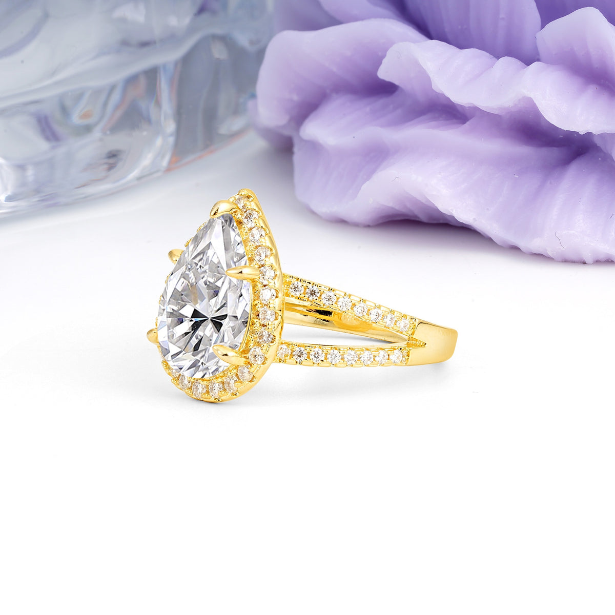Classic Double-Row Diamond, Luxurious 5-Prong Pear Cut Lab Diamond Engagement Ring - Additional view