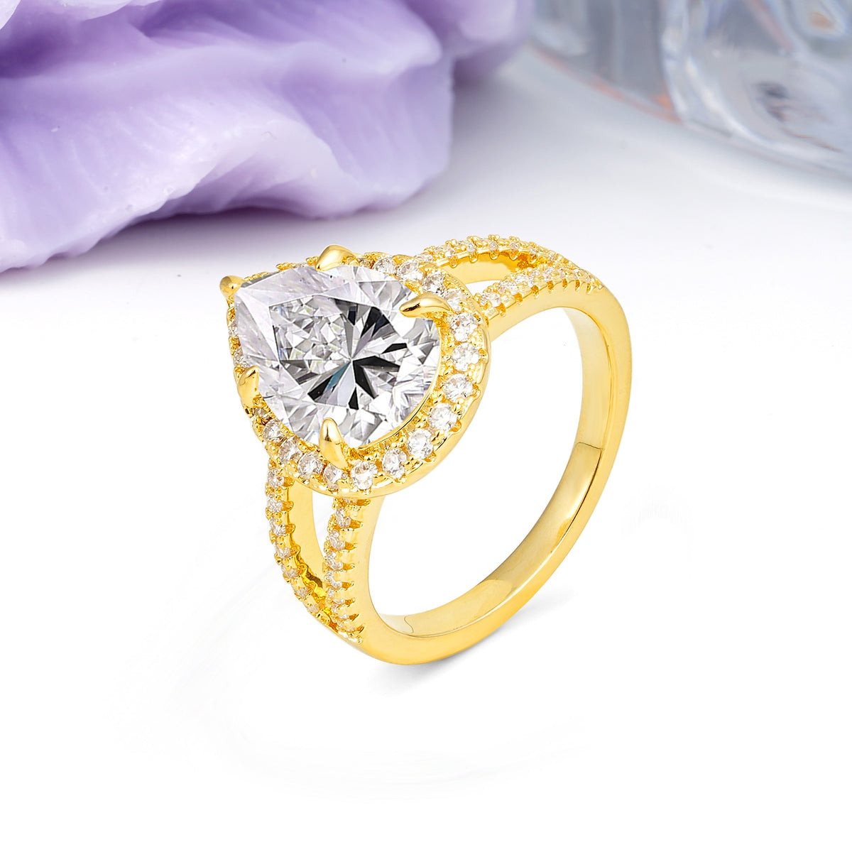 Classic Double-Row Diamond, Luxurious 5-Prong Pear Cut Lab Diamond Engagement Ring - Additional view