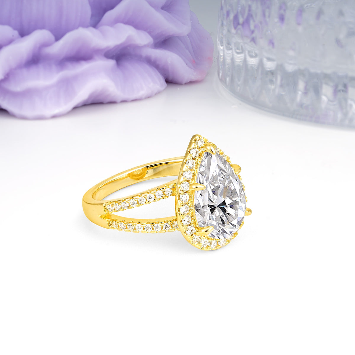 Classic Double-Row Diamond, Luxurious 5-Prong Pear Cut Lab Diamond Engagement Ring - Additional view