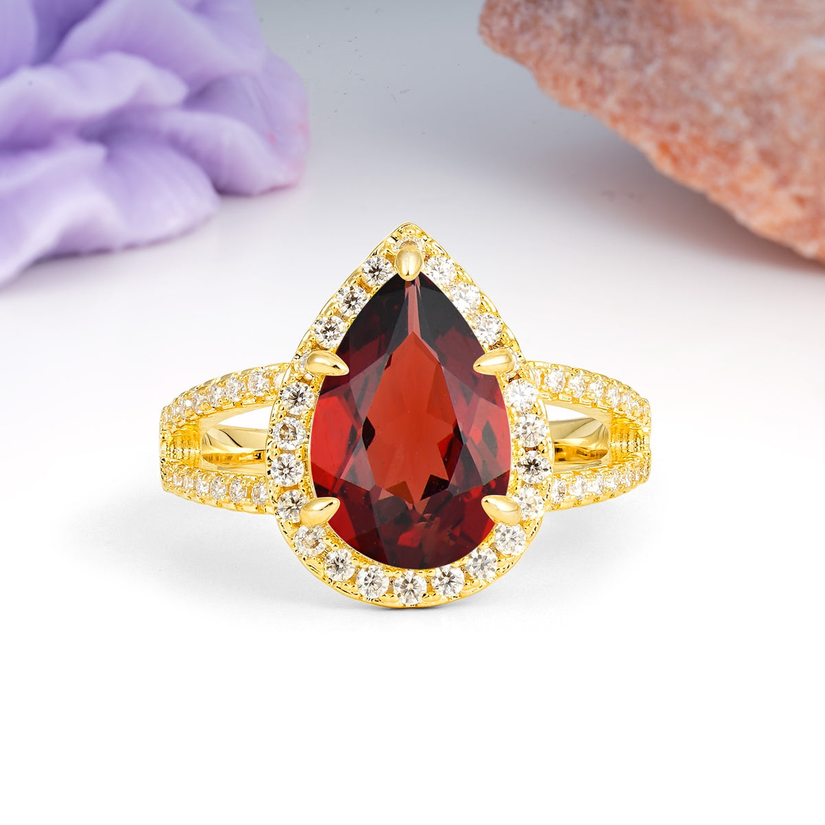 Classic Double-Row Diamond, Luxurious 5-Prong Pear Cut Garnet Engagement Ring - Additional view
