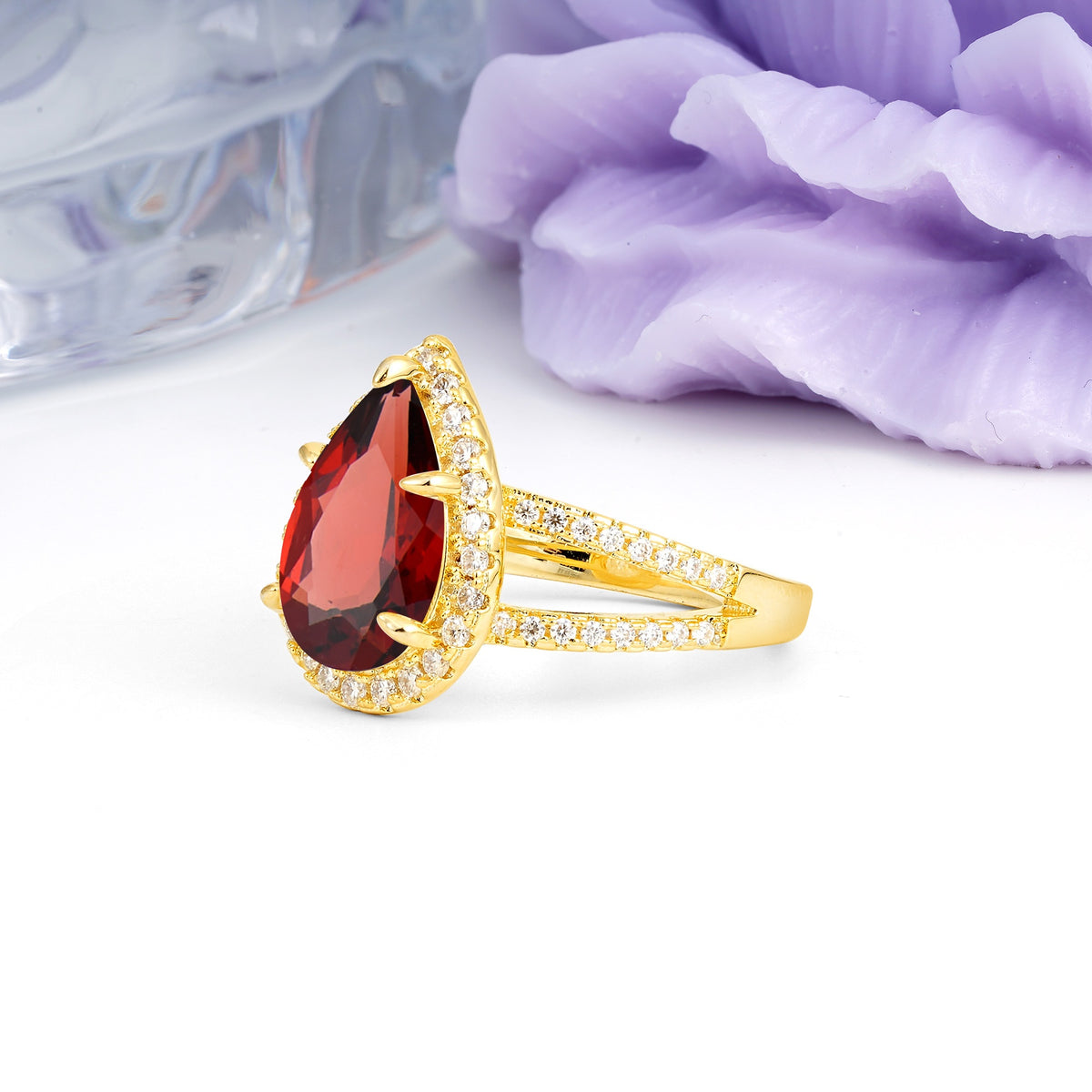Classic Double-Row Diamond, Luxurious 5-Prong Pear Cut Garnet Engagement Ring - Additional view